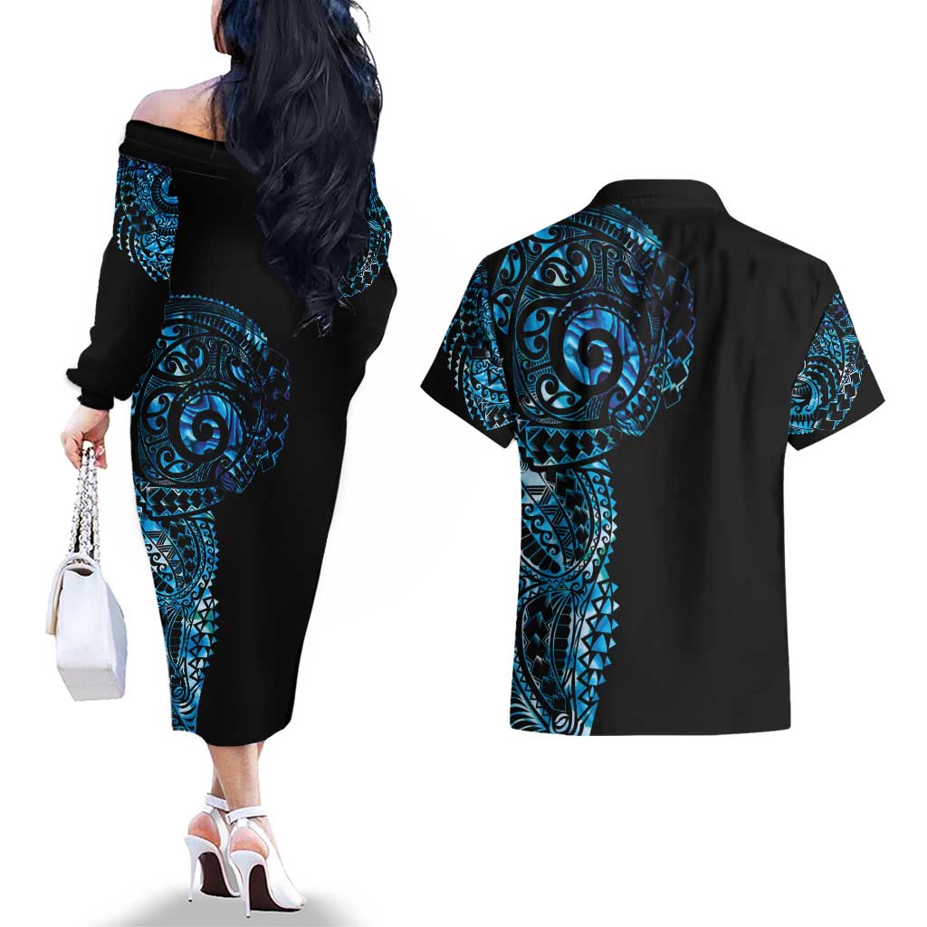New Zealand Maori Koru Art Traditional Tattoo Couples Matching Off The Shoulder Long Sleeve Dress and Hawaiian Shirt Paua Shell LT03 - Polynesian Pride