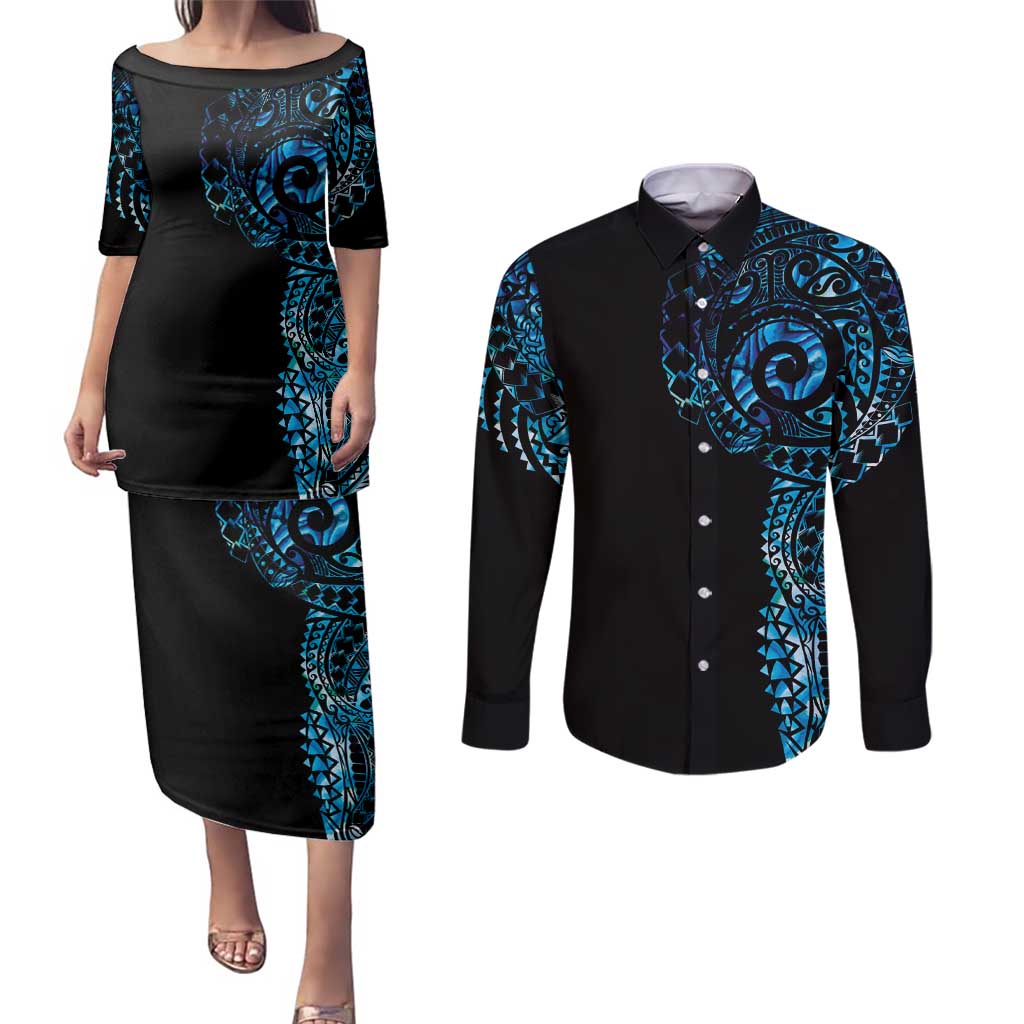 New Zealand Maori Koru Art Traditional Tattoo Couples Matching Puletasi and Long Sleeve Button Shirt Paua Shell LT03 Black - Polynesian Pride
