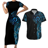 New Zealand Maori Koru Art Traditional Tattoo Couples Matching Short Sleeve Bodycon Dress and Hawaiian Shirt Paua Shell LT03 Black - Polynesian Pride