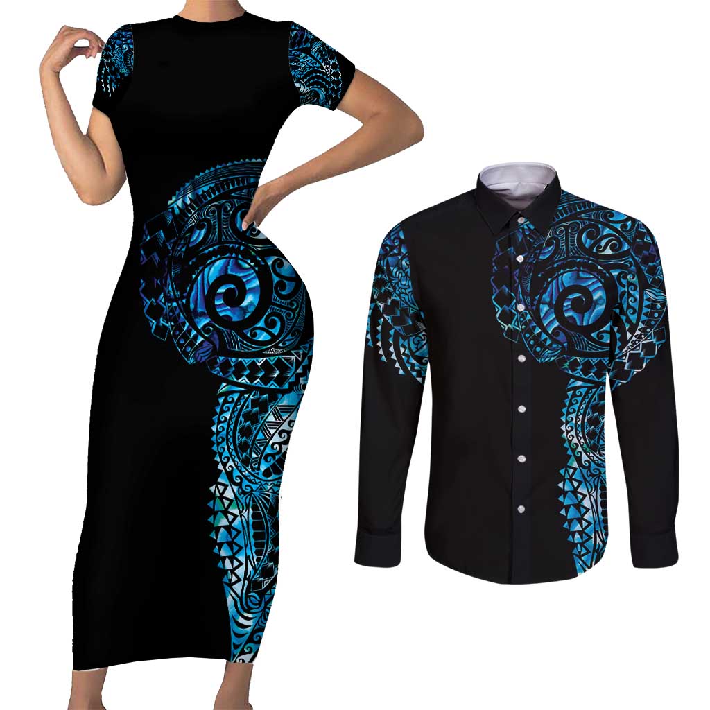 New Zealand Maori Koru Art Traditional Tattoo Couples Matching Short Sleeve Bodycon Dress and Long Sleeve Button Shirt Paua Shell LT03 Black - Polynesian Pride