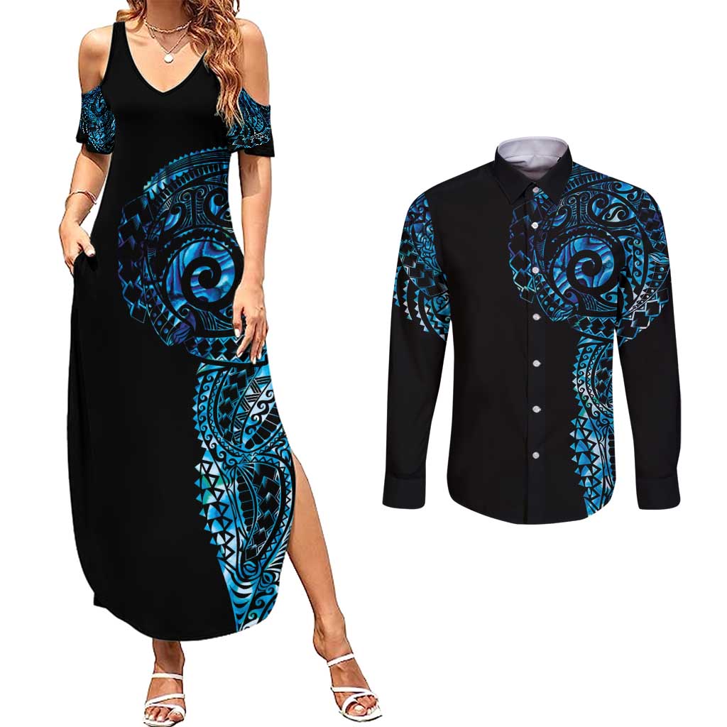 New Zealand Maori Koru Art Traditional Tattoo Couples Matching Summer Maxi Dress and Long Sleeve Button Shirt Paua Shell LT03 Black - Polynesian Pride