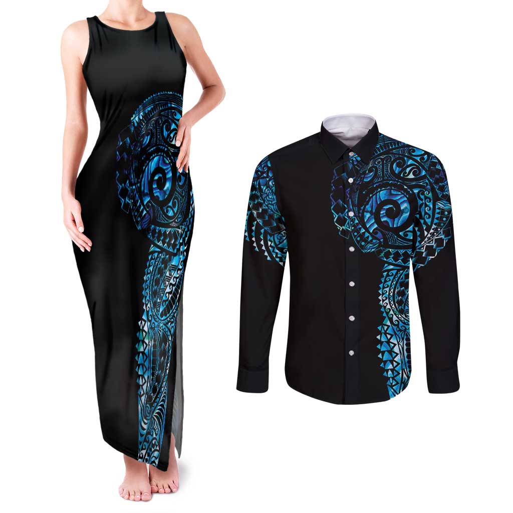 New Zealand Maori Koru Art Traditional Tattoo Couples Matching Tank Maxi Dress and Long Sleeve Button Shirt Paua Shell LT03 Black - Polynesian Pride