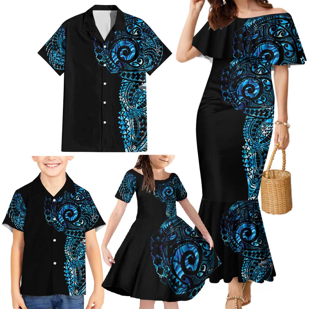 New Zealand Maori Koru Art Traditional Tattoo Family Matching Mermaid Dress and Hawaiian Shirt Paua Shell LT03 - Polynesian Pride