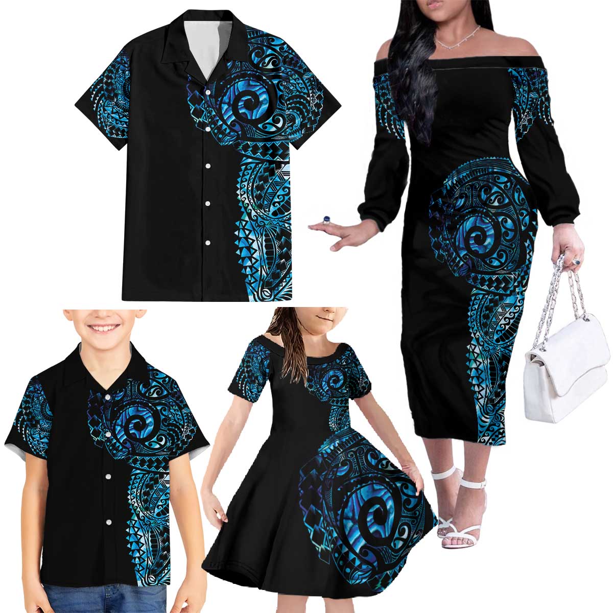 New Zealand Maori Koru Art Traditional Tattoo Family Matching Off The Shoulder Long Sleeve Dress and Hawaiian Shirt Paua Shell LT03 - Polynesian Pride