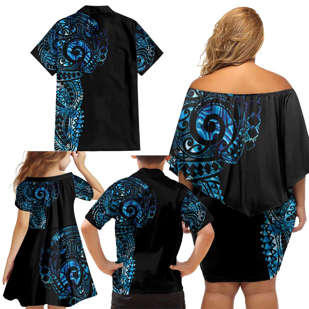 New Zealand Maori Koru Art Traditional Tattoo Family Matching Off Shoulder Short Dress and Hawaiian Shirt Paua Shell LT03 - Polynesian Pride