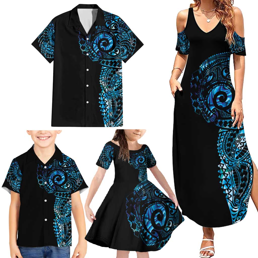 New Zealand Maori Koru Art Traditional Tattoo Family Matching Summer Maxi Dress and Hawaiian Shirt Paua Shell LT03 - Polynesian Pride
