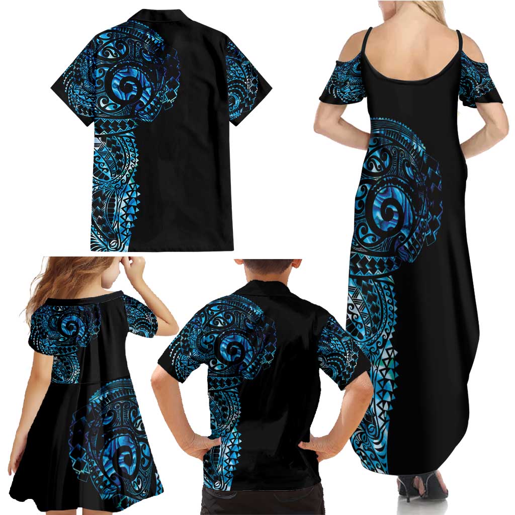 New Zealand Maori Koru Art Traditional Tattoo Family Matching Summer Maxi Dress and Hawaiian Shirt Paua Shell LT03 - Polynesian Pride