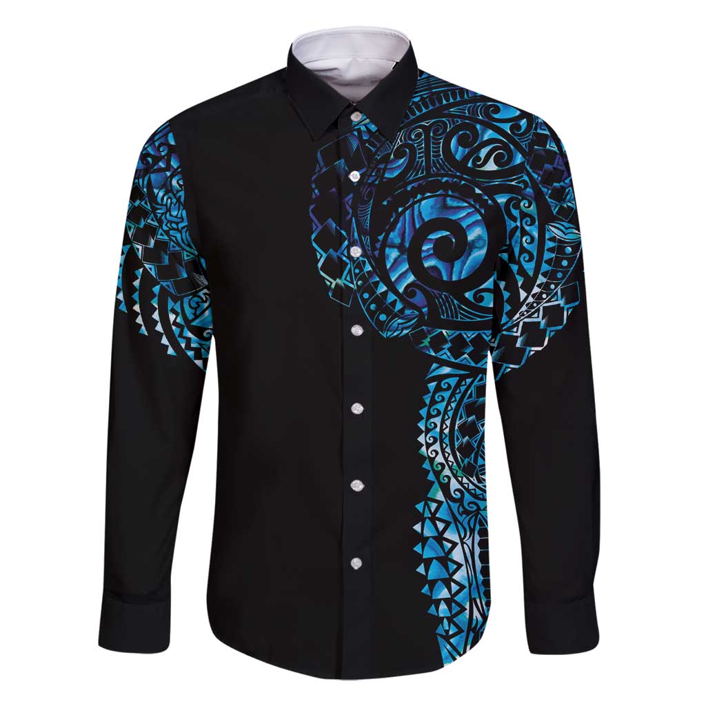 New Zealand Maori Koru Art Traditional Tattoo Family Matching Summer Maxi Dress and Hawaiian Shirt Paua Shell LT03 Dad's Shirt - Long Sleeve Black - Polynesian Pride