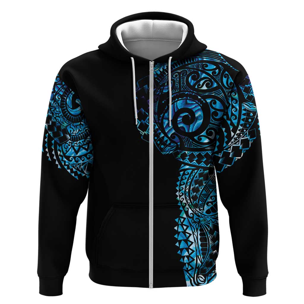 New Zealand Maori Koru Art Traditional Tattoo Hoodie Paua Shell LT03 Zip Hoodie Black - Polynesian Pride