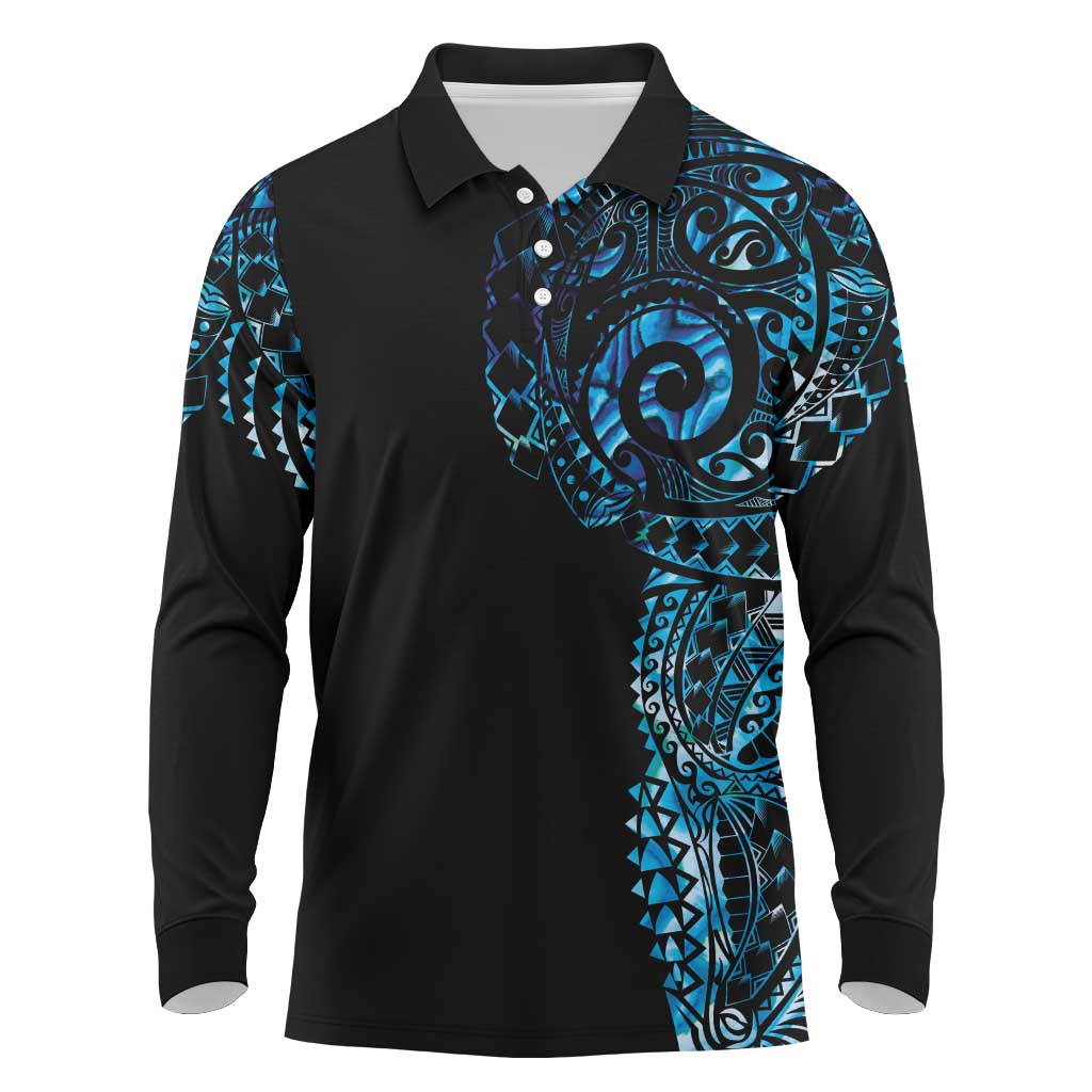 New Zealand Maori Koru Art Traditional Tattoo Long Sleeve Polo Shirt Paua Shell LT03 Black - Polynesian Pride