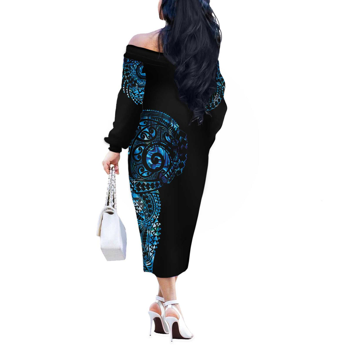 New Zealand Maori Koru Art Traditional Tattoo Off The Shoulder Long Sleeve Dress Paua Shell LT03 - Polynesian Pride