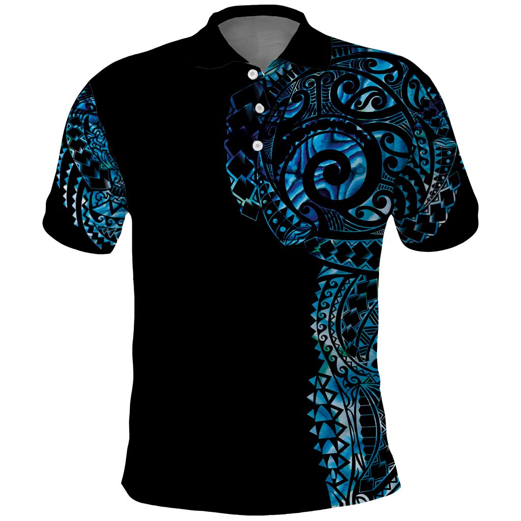 New Zealand Maori Koru Art Traditional Tattoo Polo Shirt Paua Shell LT03 Black - Polynesian Pride