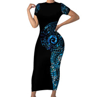 New Zealand Maori Koru Art Traditional Tattoo Short Sleeve Bodycon Dress Paua Shell LT03 Long Dress Black - Polynesian Pride