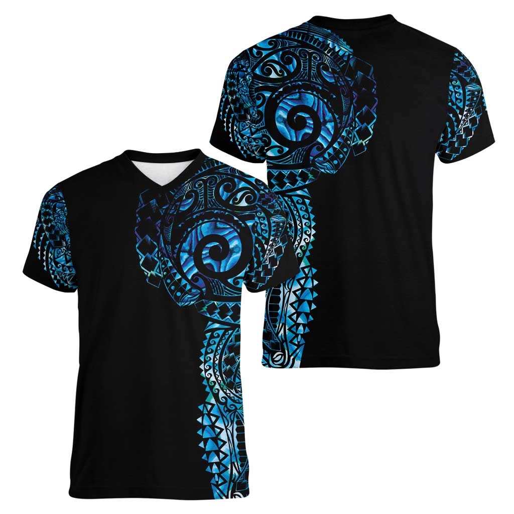 New Zealand Maori Koru Art Traditional Tattoo Women V-Neck T-Shirt Paua Shell LT03 - Polynesian Pride