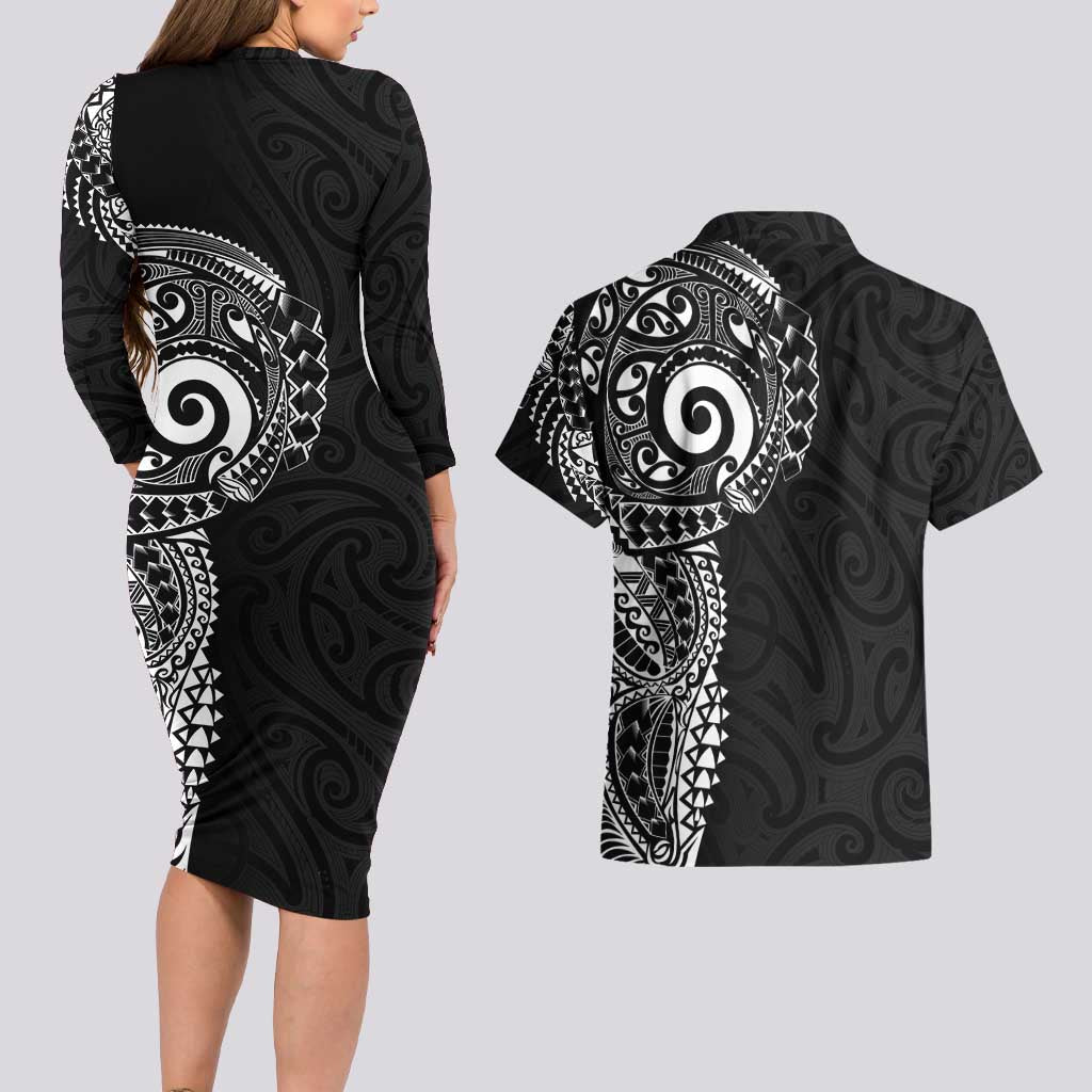 New Zealand Maori Koru Art Traditional Tattoo Couples Matching Long Sleeve Bodycon Dress and Hawaiian Shirt Simple Style LT03 - Polynesian Pride