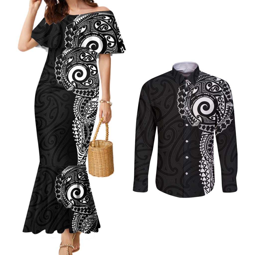New Zealand Maori Koru Art Traditional Tattoo Couples Matching Mermaid Dress and Long Sleeve Button Shirt Simple Style LT03 Black - Polynesian Pride