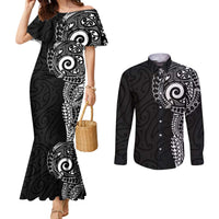 New Zealand Maori Koru Art Traditional Tattoo Couples Matching Mermaid Dress and Long Sleeve Button Shirt Simple Style LT03 Black - Polynesian Pride
