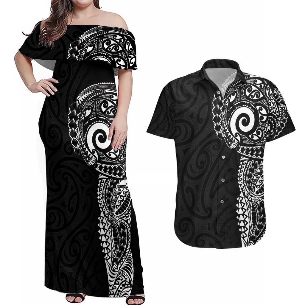 New Zealand Maori Koru Art Traditional Tattoo Couples Matching Off Shoulder Maxi Dress and Hawaiian Shirt Simple Style LT03 Black - Polynesian Pride