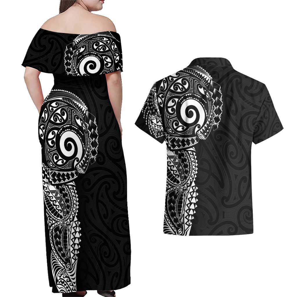 New Zealand Maori Koru Art Traditional Tattoo Couples Matching Off Shoulder Maxi Dress and Hawaiian Shirt Simple Style LT03 - Polynesian Pride