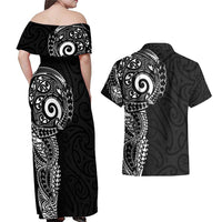 New Zealand Maori Koru Art Traditional Tattoo Couples Matching Off Shoulder Maxi Dress and Hawaiian Shirt Simple Style LT03 - Polynesian Pride