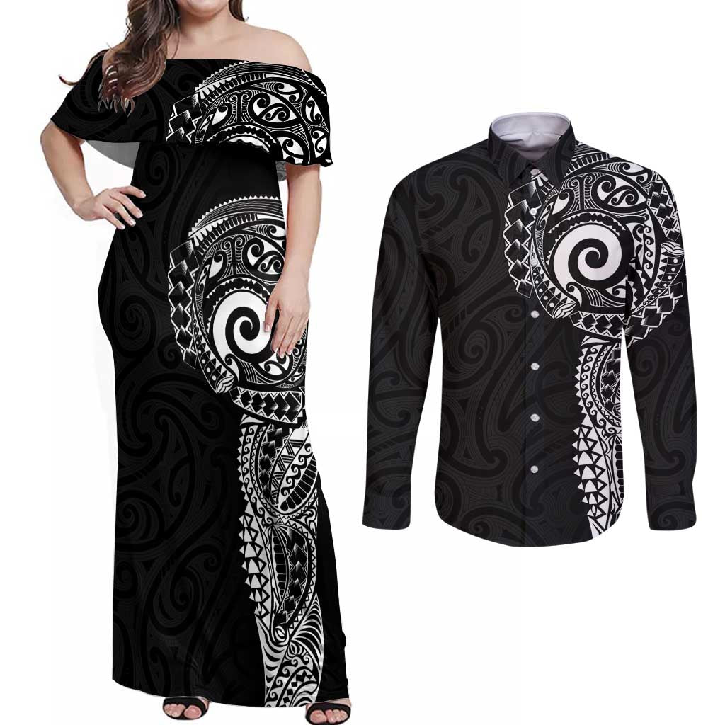 New Zealand Maori Koru Art Traditional Tattoo Couples Matching Off Shoulder Maxi Dress and Long Sleeve Button Shirt Simple Style LT03 Black - Polynesian Pride