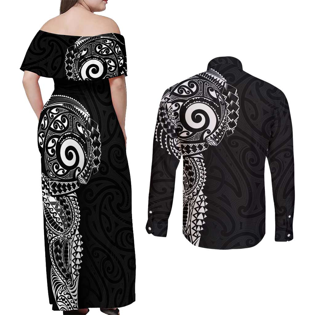 New Zealand Maori Koru Art Traditional Tattoo Couples Matching Off Shoulder Maxi Dress and Long Sleeve Button Shirt Simple Style LT03 - Polynesian Pride