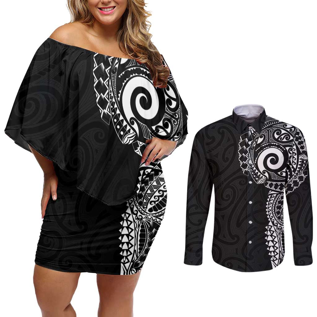 New Zealand Maori Koru Art Traditional Tattoo Couples Matching Off Shoulder Short Dress and Long Sleeve Button Shirt Simple Style LT03 Black - Polynesian Pride