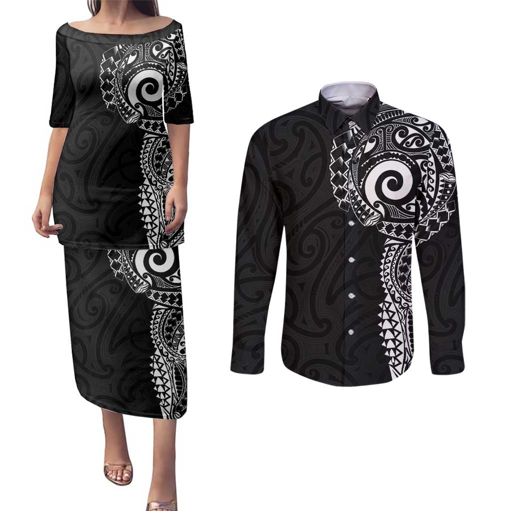 New Zealand Maori Koru Art Traditional Tattoo Couples Matching Puletasi and Long Sleeve Button Shirt Simple Style LT03 Black - Polynesian Pride