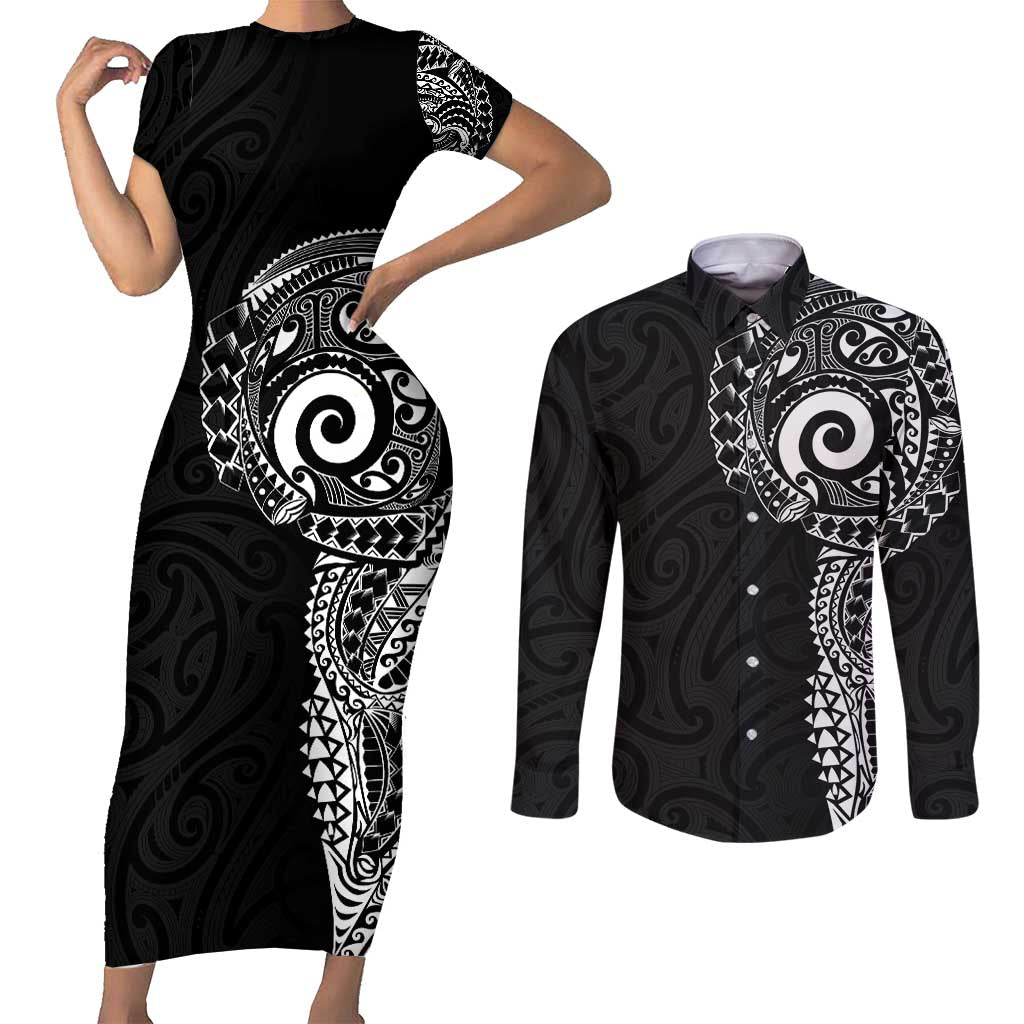 New Zealand Maori Koru Art Traditional Tattoo Couples Matching Short Sleeve Bodycon Dress and Long Sleeve Button Shirt Simple Style LT03 Black - Polynesian Pride
