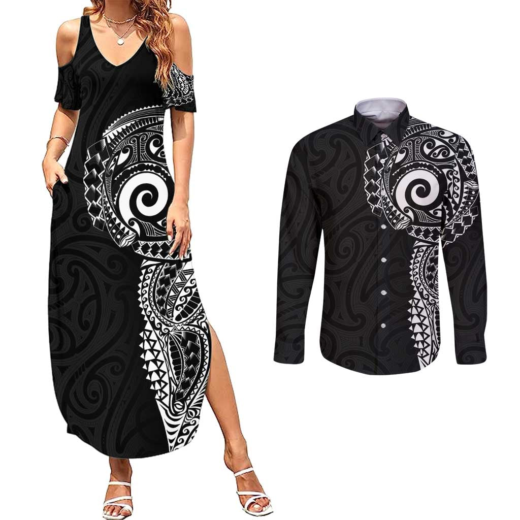 New Zealand Maori Koru Art Traditional Tattoo Couples Matching Summer Maxi Dress and Long Sleeve Button Shirt Simple Style LT03 Black - Polynesian Pride