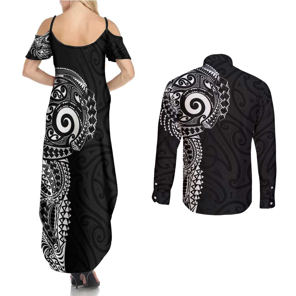 New Zealand Maori Koru Art Traditional Tattoo Couples Matching Summer Maxi Dress and Long Sleeve Button Shirt Simple Style LT03 - Polynesian Pride