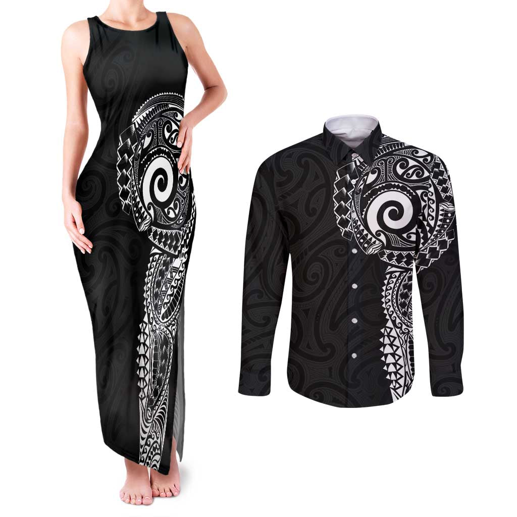 New Zealand Maori Koru Art Traditional Tattoo Couples Matching Tank Maxi Dress and Long Sleeve Button Shirt Simple Style LT03 Black - Polynesian Pride