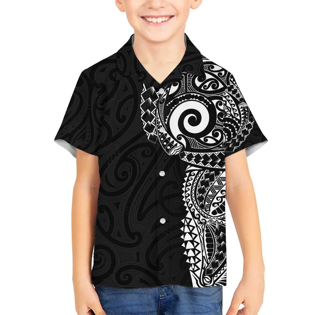 New Zealand Maori Koru Art Traditional Tattoo Family Matching Long Sleeve Bodycon Dress and Hawaiian Shirt Simple Style LT03 Son's Shirt Black - Polynesian Pride