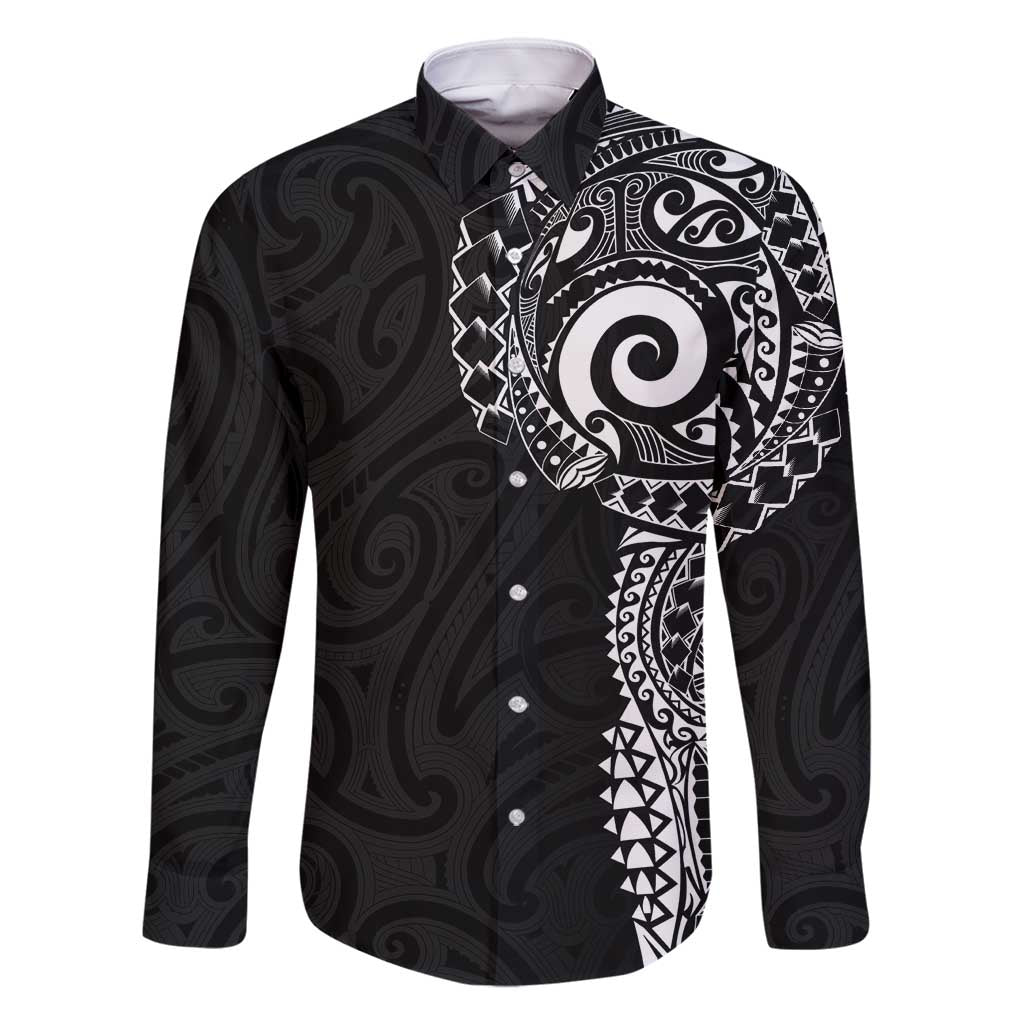 New Zealand Maori Koru Art Traditional Tattoo Family Matching Tank Maxi Dress and Hawaiian Shirt Simple Style LT03 Dad's Shirt - Long Sleeve Black - Polynesian Pride