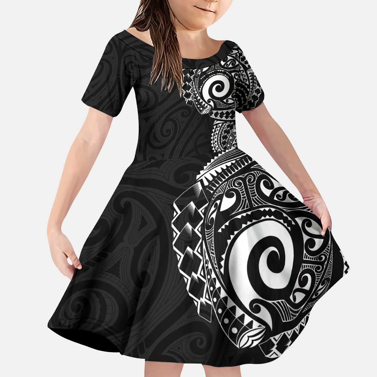 New Zealand Maori Koru Art Traditional Tattoo Kid Short Sleeve Dress Simple Style LT03 KID Black - Polynesian Pride
