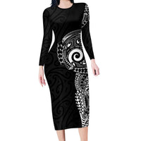 New Zealand Maori Koru Art Traditional Tattoo Long Sleeve Bodycon Dress Simple Style LT03 Long Dress Black - Polynesian Pride