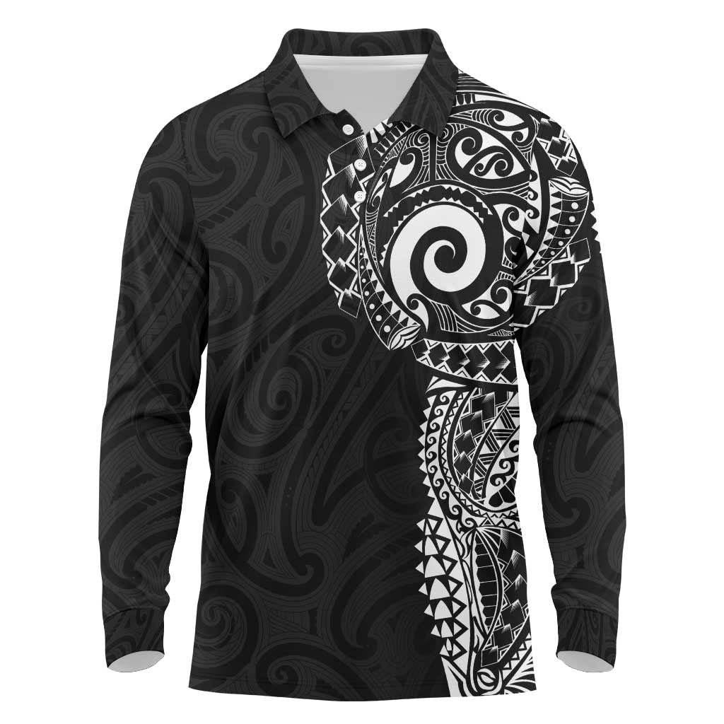 New Zealand Maori Koru Art Traditional Tattoo Long Sleeve Polo Shirt Simple Style LT03 Black - Polynesian Pride