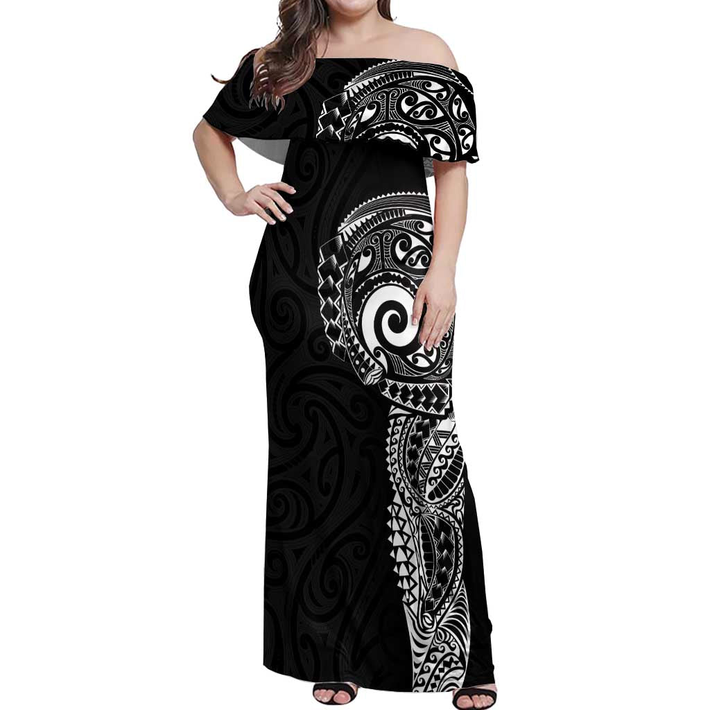 New Zealand Maori Koru Art Traditional Tattoo Off Shoulder Maxi Dress Simple Style LT03 Women Black - Polynesian Pride