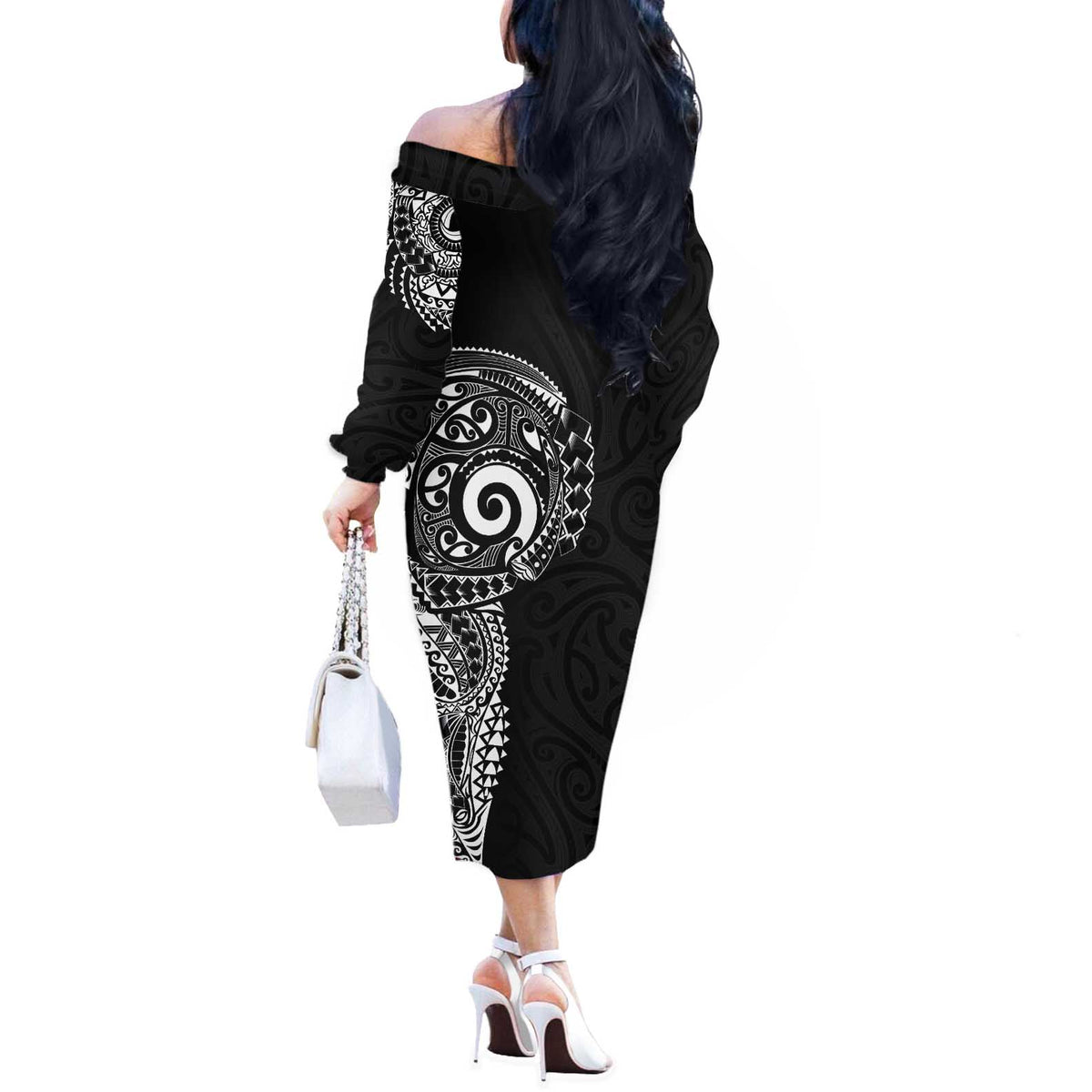 New Zealand Maori Koru Art Traditional Tattoo Off The Shoulder Long Sleeve Dress Simple Style LT03 - Polynesian Pride