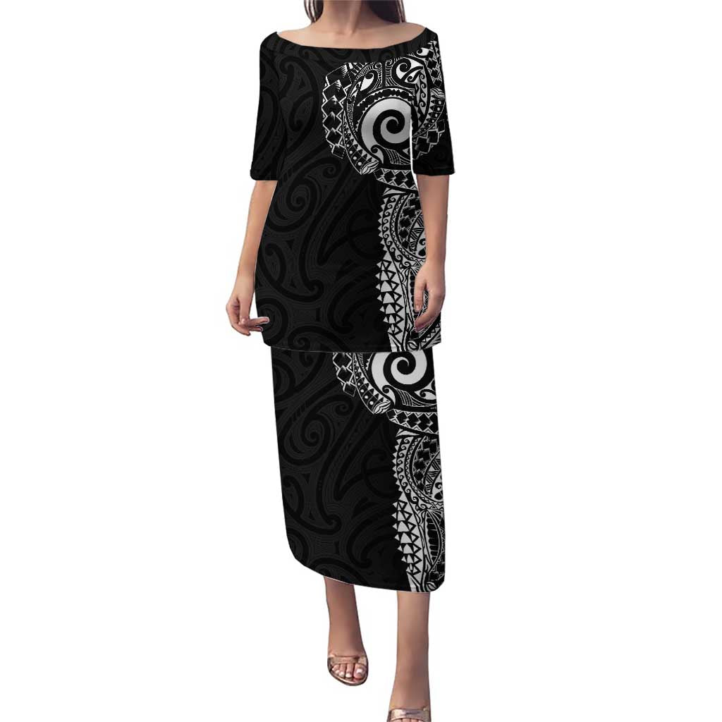 New Zealand Maori Koru Art Traditional Tattoo Puletasi Simple Style LT03 Long Dress Black - Polynesian Pride
