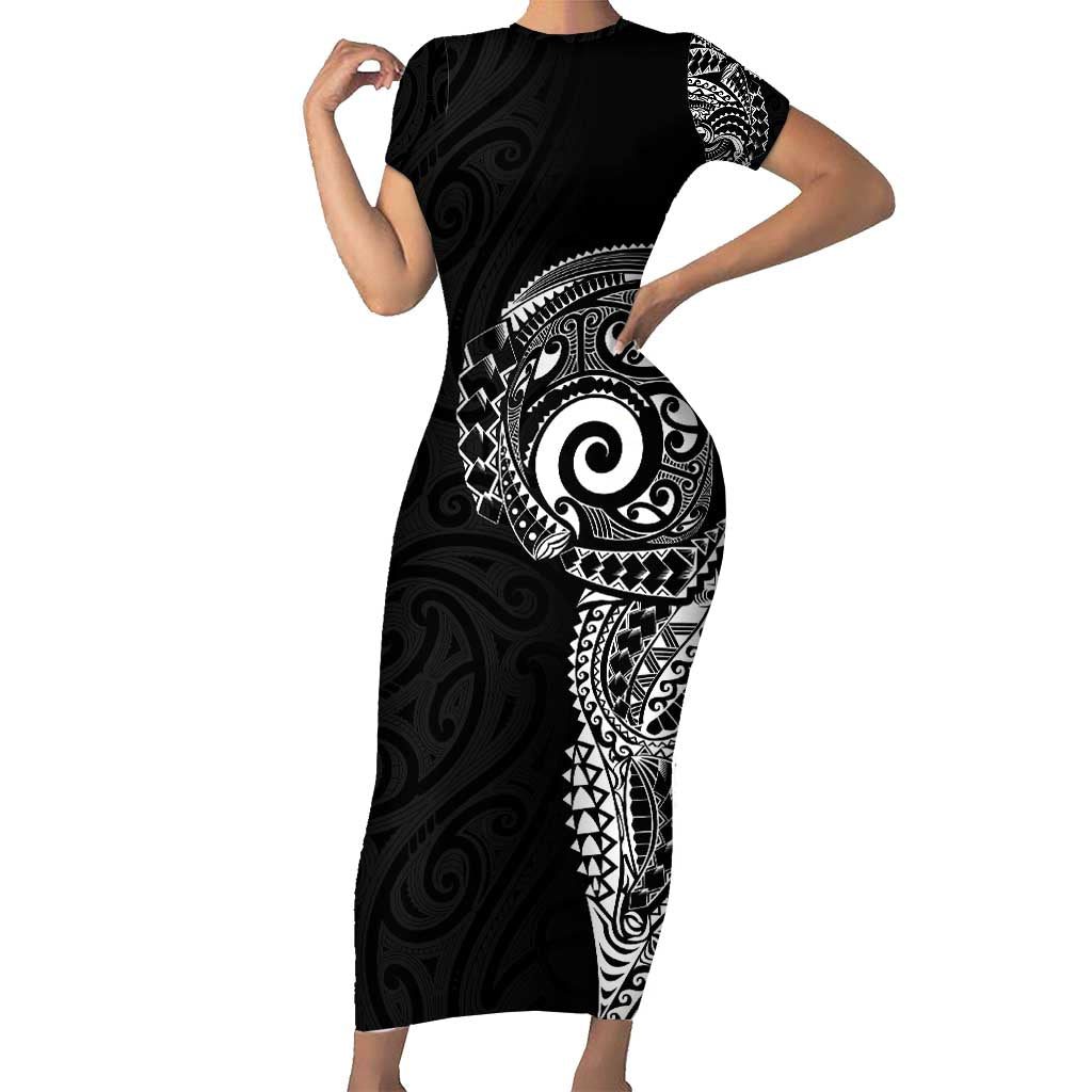 New Zealand Maori Koru Art Traditional Tattoo Short Sleeve Bodycon Dress Simple Style LT03 Long Dress Black - Polynesian Pride