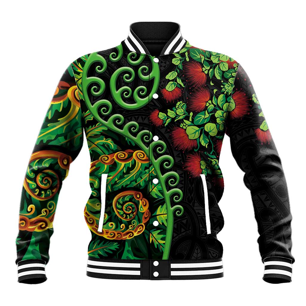 New Zealand Koru Plants and Pohutukawa Baseball Jacket Maori Tattoo Pattern LT03 Unisex Black - Polynesian Pride