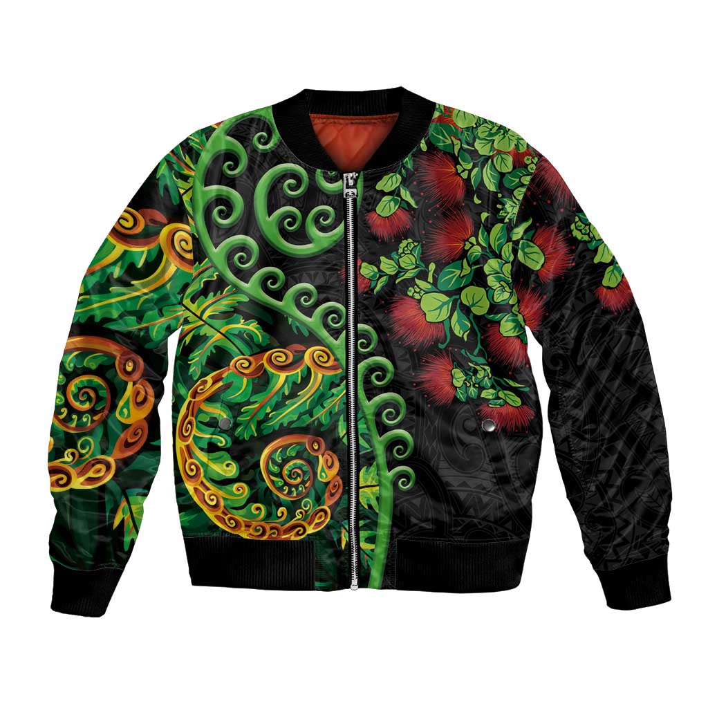 New Zealand Koru Plants and Pohutukawa Bomber Jacket Maori Tattoo Pattern LT03 Unisex Black - Polynesian Pride