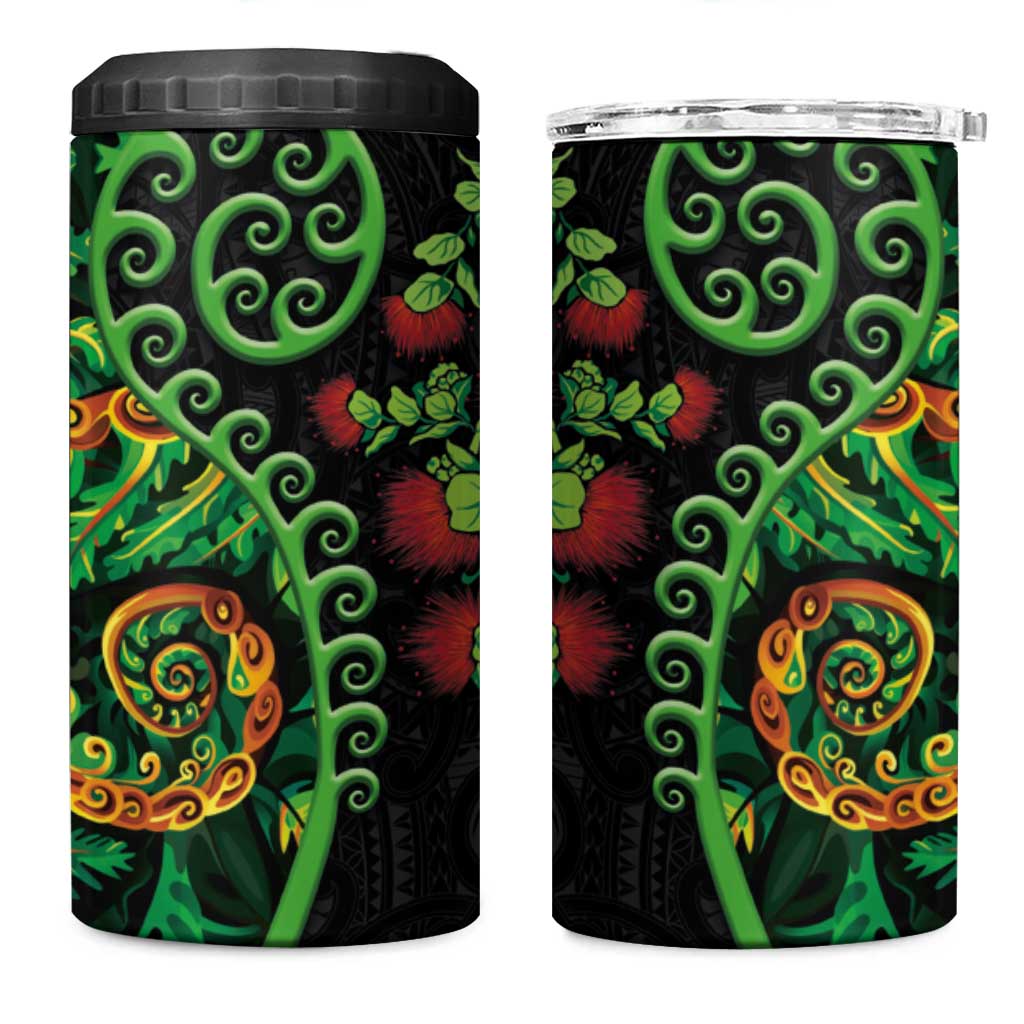 New Zealand Koru Plants and Pohutukawa 4 in 1 Can Cooler Tumbler Maori Tattoo Pattern LT03 One Size: 16 oz Black - Polynesian Pride