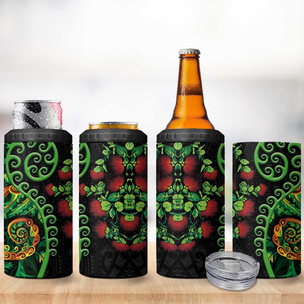 New Zealand Koru Plants and Pohutukawa 4 in 1 Can Cooler Tumbler Maori Tattoo Pattern LT03 - Polynesian Pride
