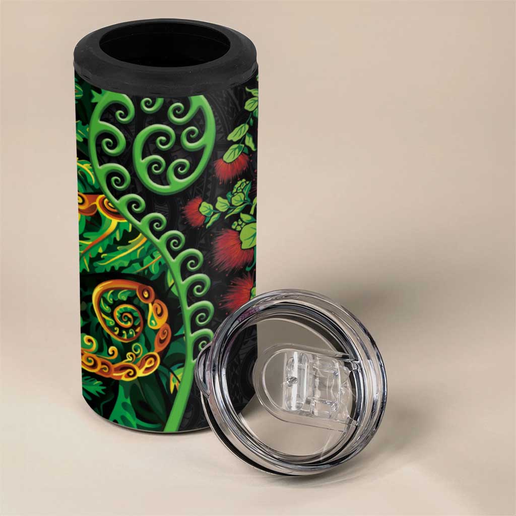 New Zealand Koru Plants and Pohutukawa 4 in 1 Can Cooler Tumbler Maori Tattoo Pattern LT03 - Polynesian Pride