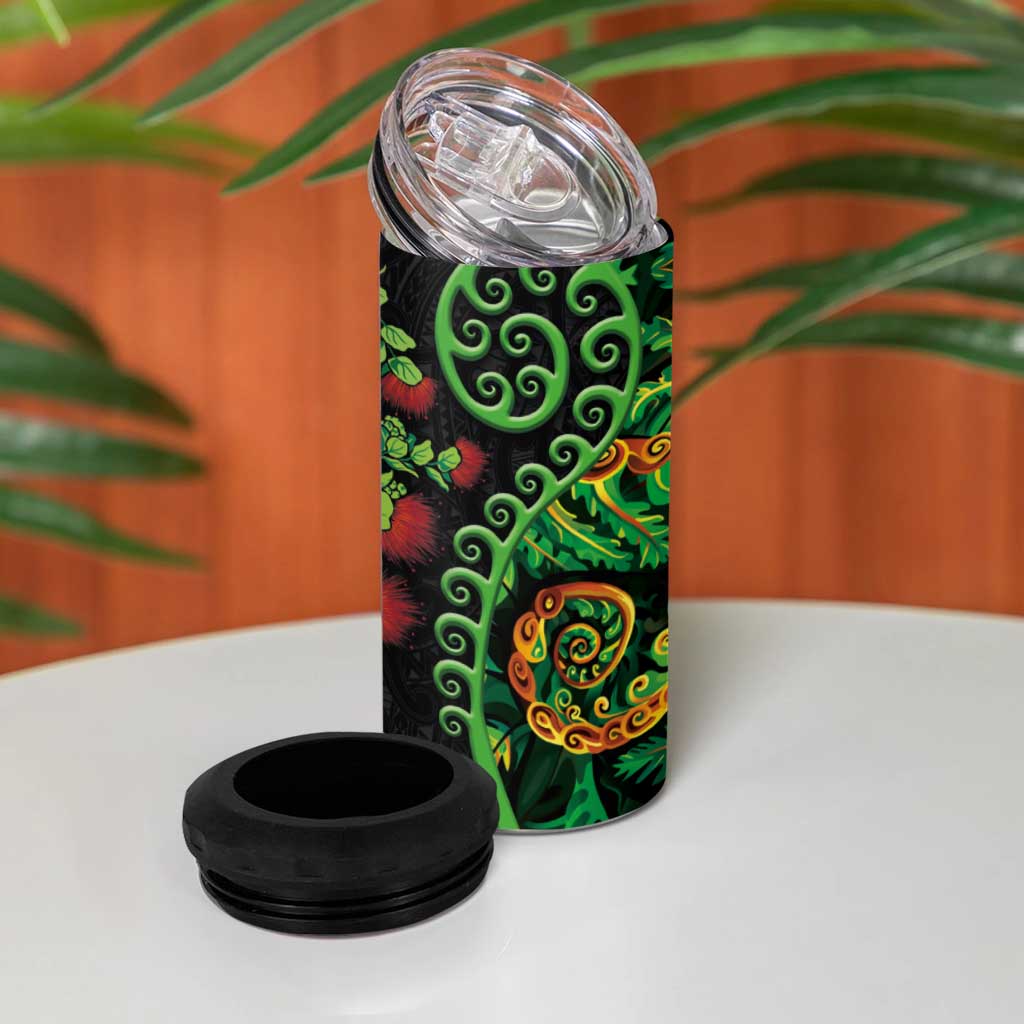 New Zealand Koru Plants and Pohutukawa 4 in 1 Can Cooler Tumbler Maori Tattoo Pattern LT03 - Polynesian Pride
