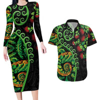 New Zealand Koru Plants and Pohutukawa Couples Matching Long Sleeve Bodycon Dress and Hawaiian Shirt Maori Tattoo Pattern LT03 Black - Polynesian Pride