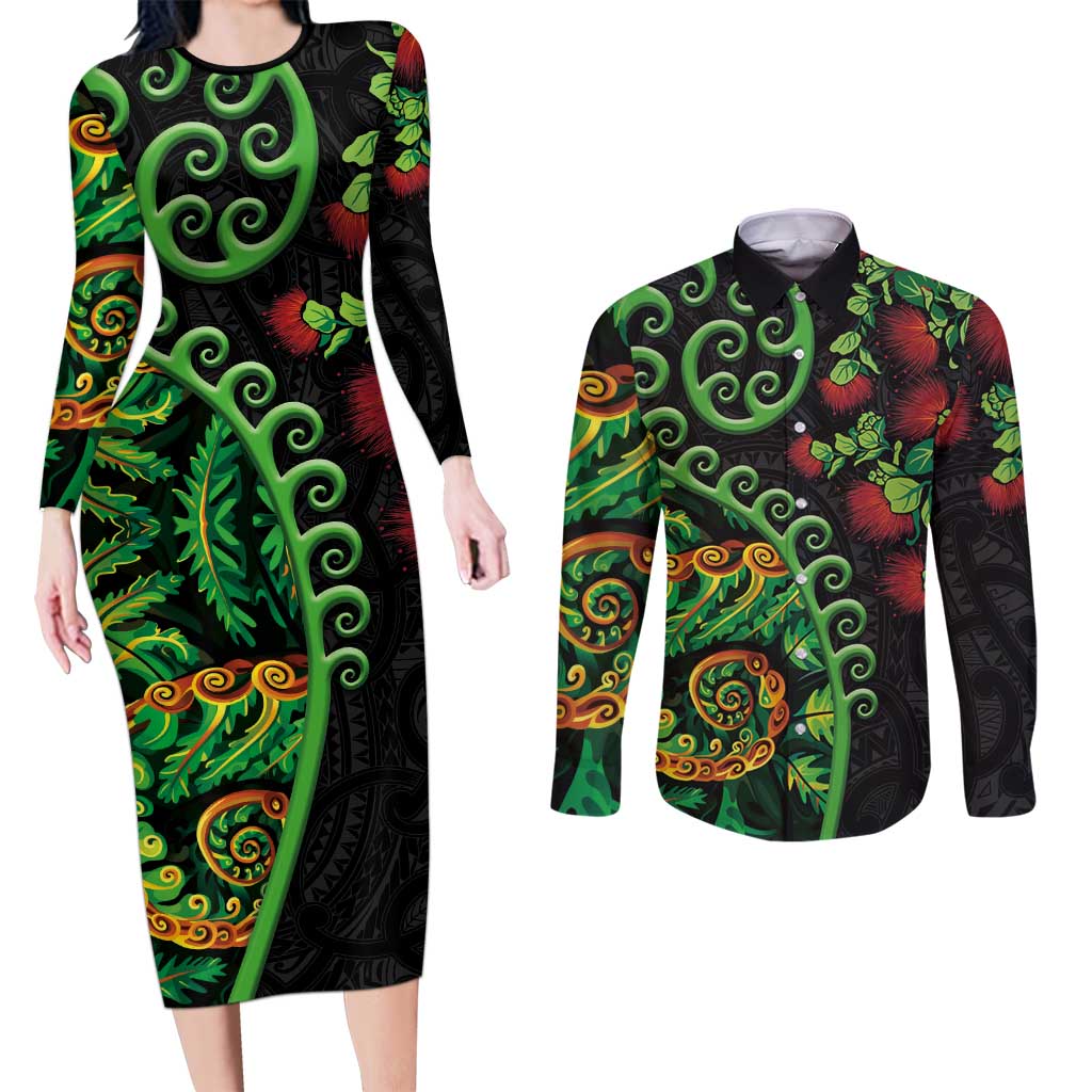 New Zealand Koru Plants and Pohutukawa Couples Matching Long Sleeve Bodycon Dress and Long Sleeve Button Shirt Maori Tattoo Pattern LT03 Black - Polynesian Pride
