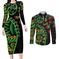 New Zealand Koru Plants and Pohutukawa Couples Matching Long Sleeve Bodycon Dress and Long Sleeve Button Shirt Maori Tattoo Pattern LT03 Black - Polynesian Pride